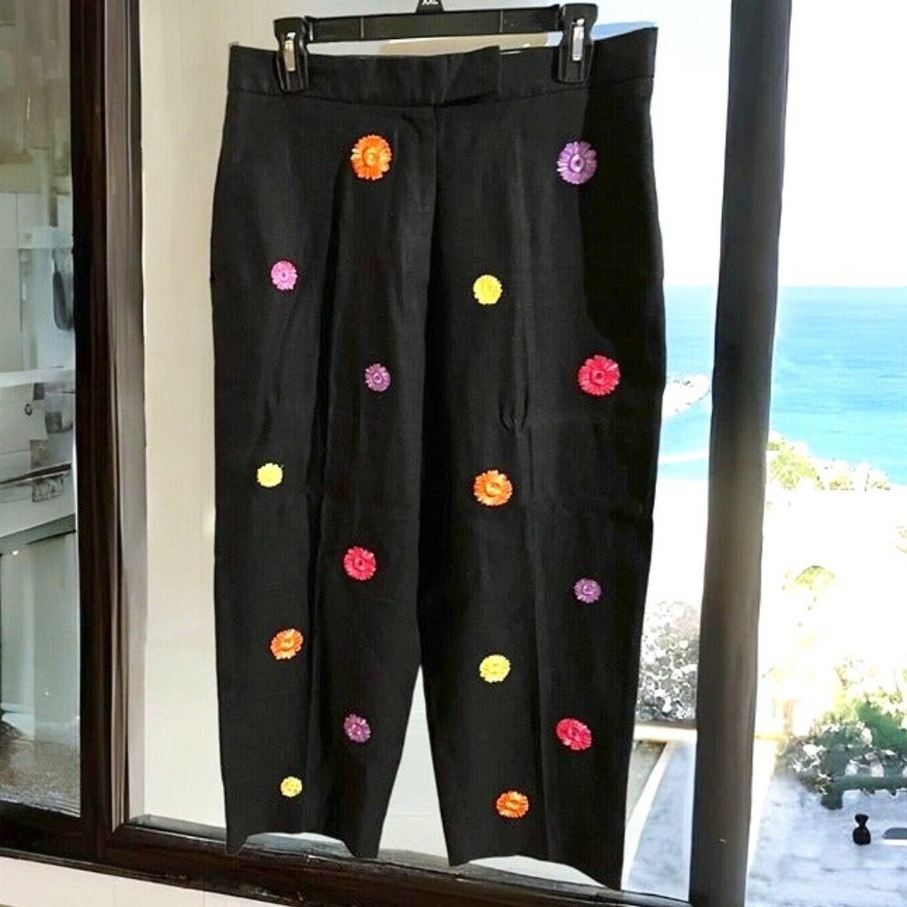 DEANE & WHITE Womens‎ Black Floral Embroidered Crop Style Dress Pants Size 12.